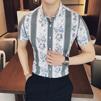 

Vintage Shirts For Mens Fashion 2020 Summer Mens Designer Shirts Flowers Printed Mens Short Sleeve Shirts Slim Fit Striped