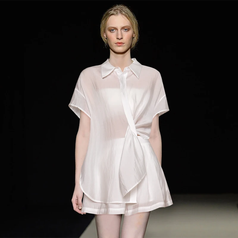 

2020 New Casual Summer Women Set Suits Runway High Quality Short Sleeve Blouse Shirt Tops and Shorts 2 Piece Set Elegant Clothes