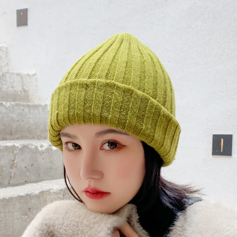 Женская однотонная Повседневная теплая вязаная шапка Skullies Beanies шапки бини женский корейский стиль Элегантный Красивая осенне-зимняя модная шапка - Цвет: fruit green