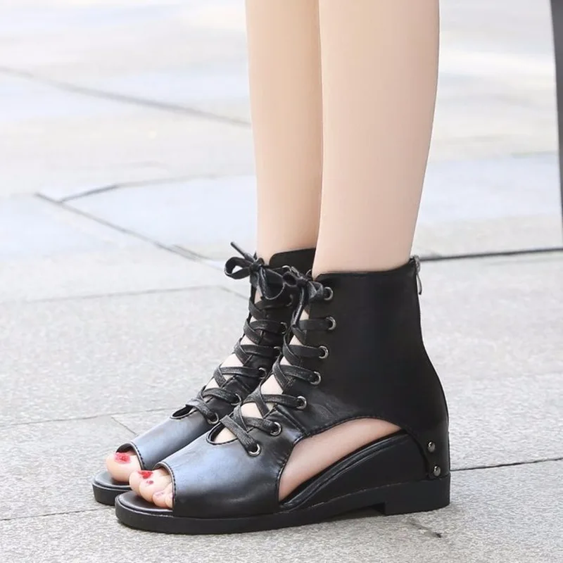 

Summer 2019 New High Top Strappy Fish Mouth Sandals for Women with Comfortable Wedges for Roman Interior Lifts Retro Cool Boots
