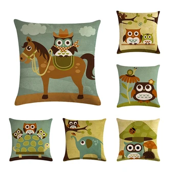 

Colorful Cartoon Owl Pattern Throw Pillow Cover Cotton Linen Pillowcase Elephant 45x45cm Cushion Cover Car Home Sofa Decorative
