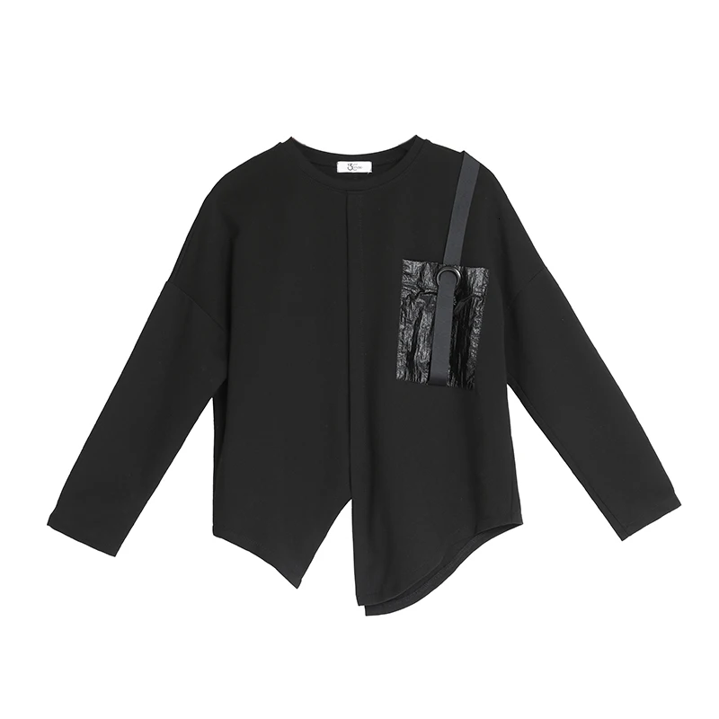 [EAM] Женская Черная Асимметричная футболка с пряжкой большого размера, новая модная весенне-осенняя футболка с круглым вырезом и длинным рукавом 20201D679 - Цвет: black