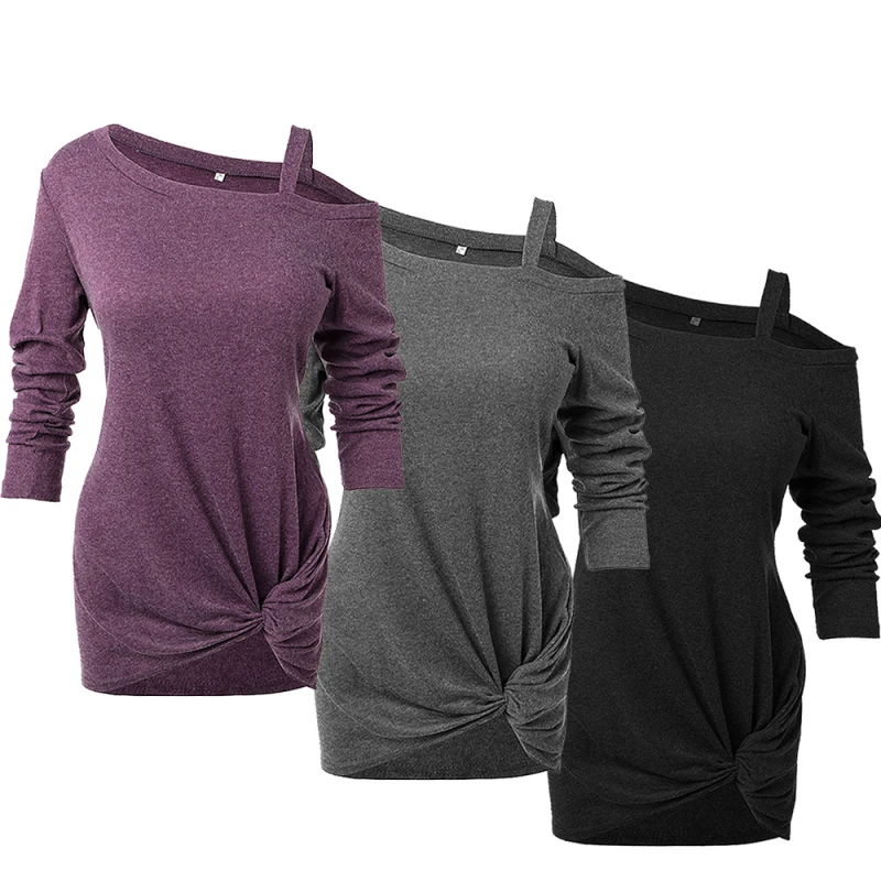 

FLORATA Autumn Womens Casual Long Sleeves Slash Knot Side Twist Tops T-Shirt Tee Sexy Shoulder Design