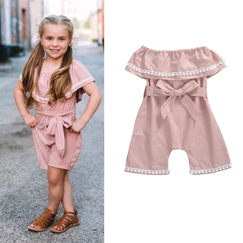 

baby pudcoco solid Kids Baby Girls Solid Off Shoulder Romper Jumpsuit With Bow Belt Outfits Summer Fashion Clothes 1-5 Years