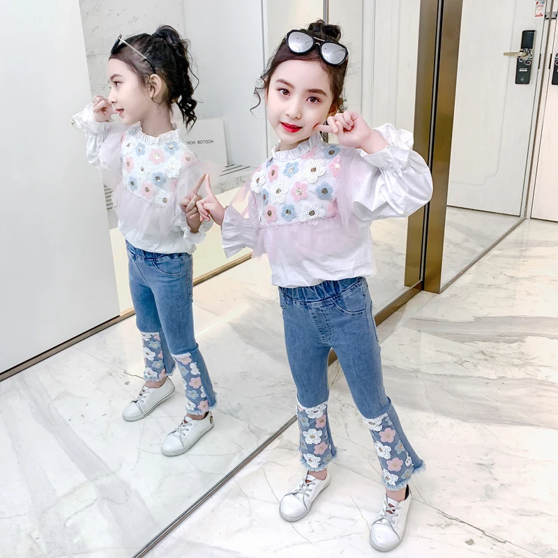 

INS Hot Korean Flower Sequin Sets 3-13 years Spring and Autumn Solid Children's Clothing Clothes and Pant Two Pieces Suit