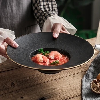 

Cap Ceramic Plates Hotel Unique Design Dinner Plates Kitchen Tableware Ceramic Black Dishes Gold Edge