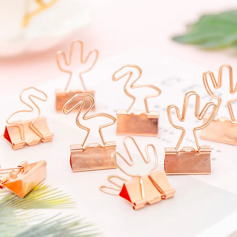 

4pcs Creative Rose Gold Cartoon Flamingo cactus Long Tail Clip Student Data Clamp Paper Clip Dovetail Clip