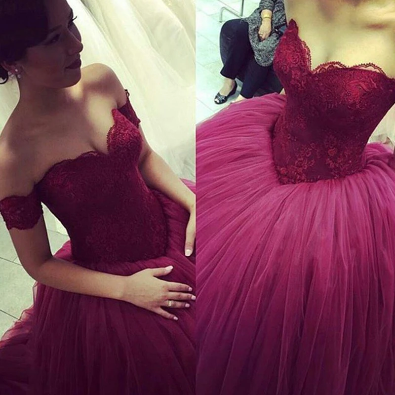 

Unique Burgundy 2018 Sweetheart Appliques Backless Princess Lace Tulle bridal Ball Gowns red prom mother of the bride dresses