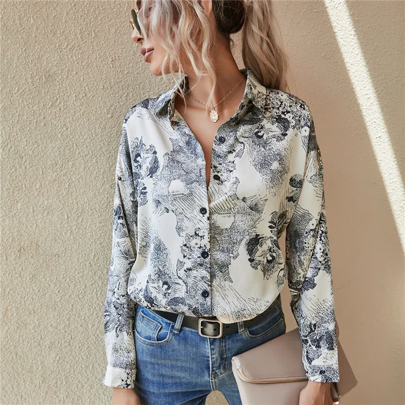 

Women Vintage Chiffon Blouses European Style Ink Pattern Long Sleeve Turn-Down Collar Elegant Feminine Shirts Blusas Mujer Tops