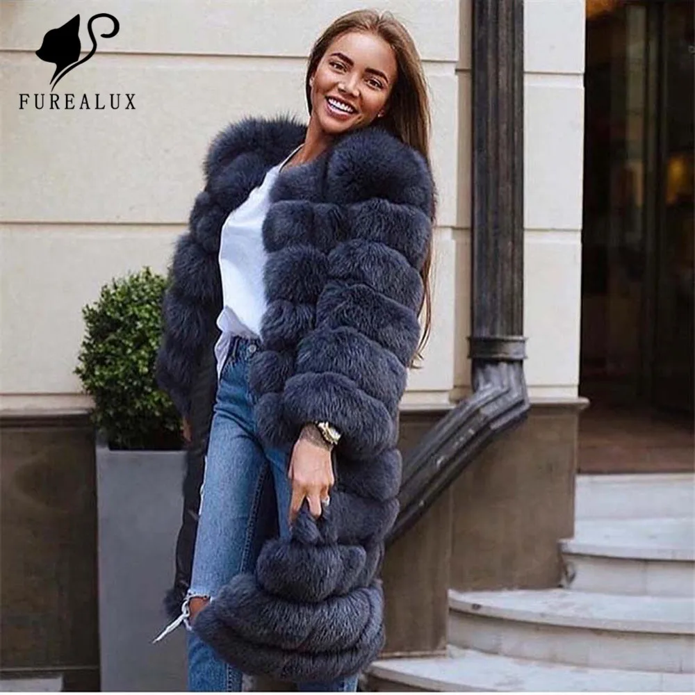 

Furealux 90cm 11Colors Removable Real Fur Coat Detachable Style Long Sleeve Natural Blue Fox Fur Coat Women Winter Fur Jacket