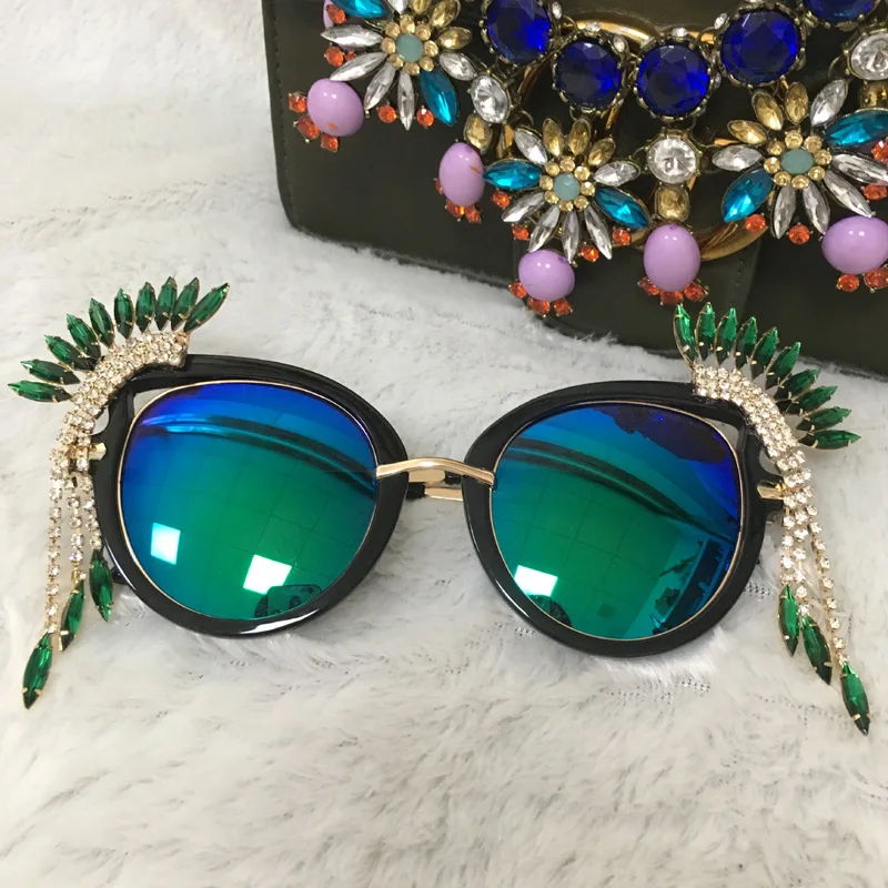 Модный роскошный с кристаллами солнцезащитные очки летние пляжные горный хрусталь кисточкой Солнцезащитные очки женские дизайнерские oculos de sol