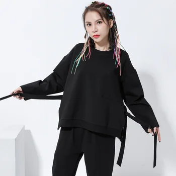 

Long Sleeve Women Tshirt Black Drop-shoulder Loose Irregular Mujer Top Basic Clothing 2020 Spring Autumn Side Split with Bandage