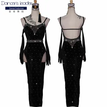 

New Latin dance dance clothing stretch velvet costume black Latin dance performance clothing high split dance skirt to send glov