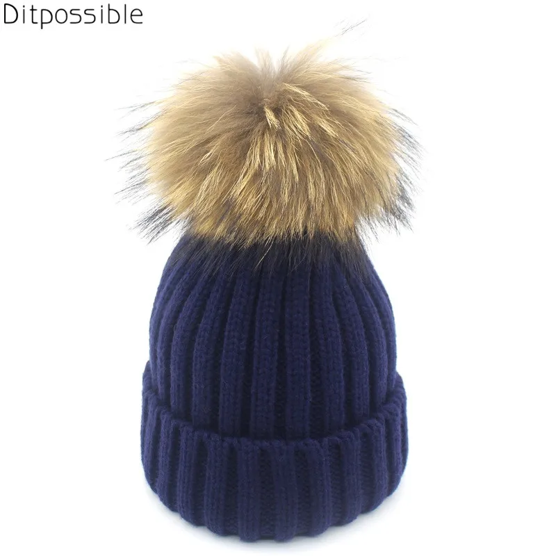 

Ditpossible knitted winter hats for women real fur hat pompom beanies caps bonnet skullies hat