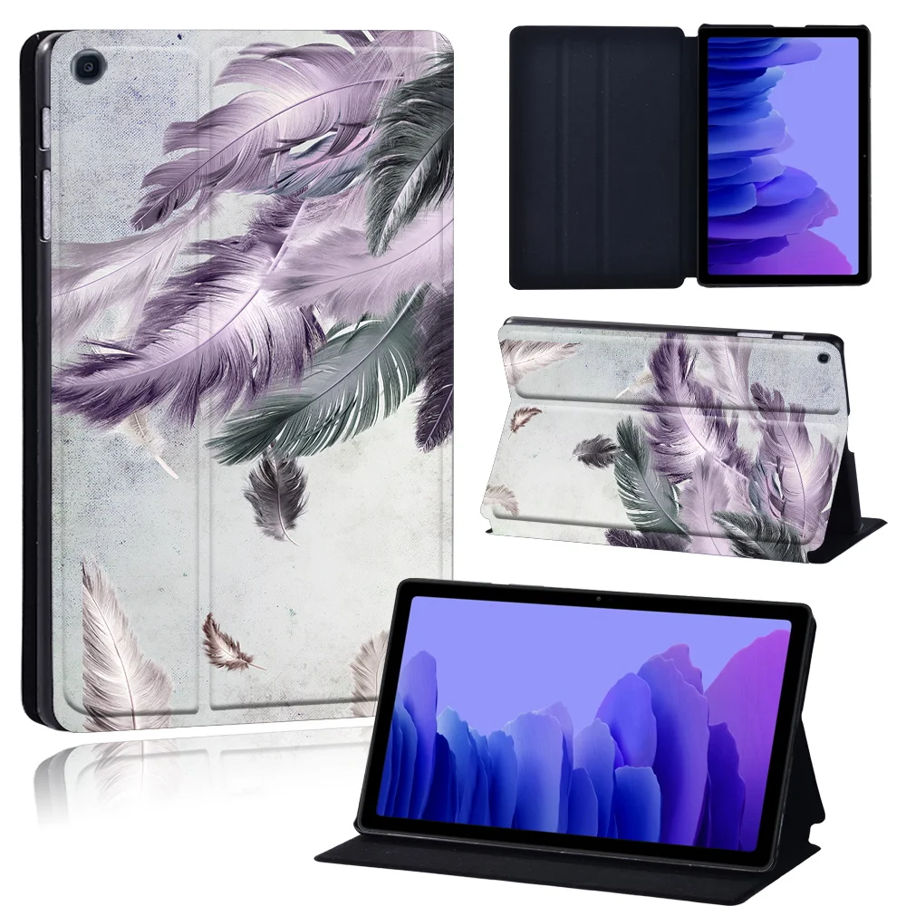 Tablets Case for Samsung Galaxy Tab A7 10.4 Inch 2020 T500/T505 Printed Feather PU Leather Tablet Stand folio Cover+ Free Stylus