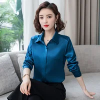Elegant Office Ladies Work Shirt Women Blouse Long Sleeve Lapel Hidden Buttons Bright Basic Satin Silk Women Shirt Female Tops 3