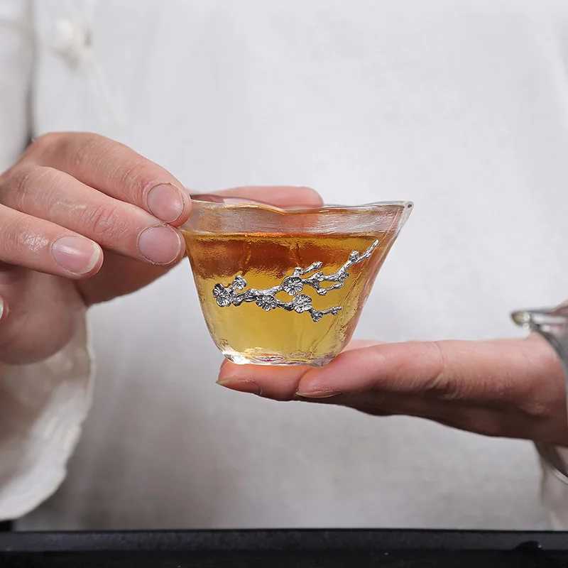 Стеклянный чайный набор кунг-фу креативный термостойкий прозрачный маленький чайный стаканчик с подстаканником держатель чашки сливы украшение