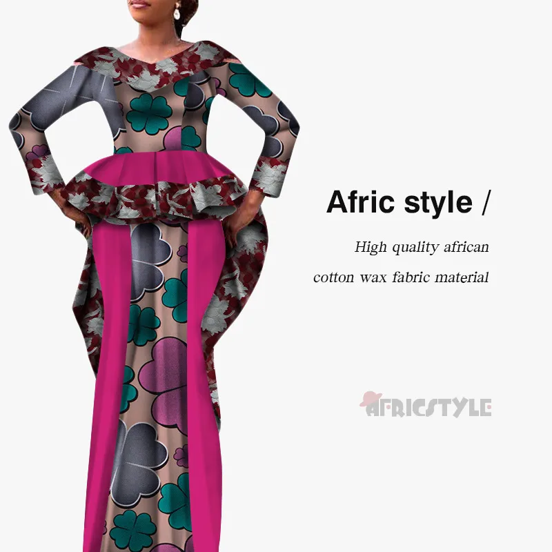 African Dashiki Bazin Dress 2- Piece Top and High Waist Skirt Set model WY5341 - Цвет: 1