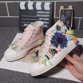 

Sweet Pink Luxury Women's Sneakers Glitter Flower Rhinestones Fashion Casual Shoes Woman High Tops Ladies Trainers Basket Femme