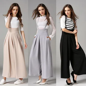 

Women Casual Pleated High Waisted Wide Leg Palazzo Pants Suspenders Trousers combinaison femme#sw