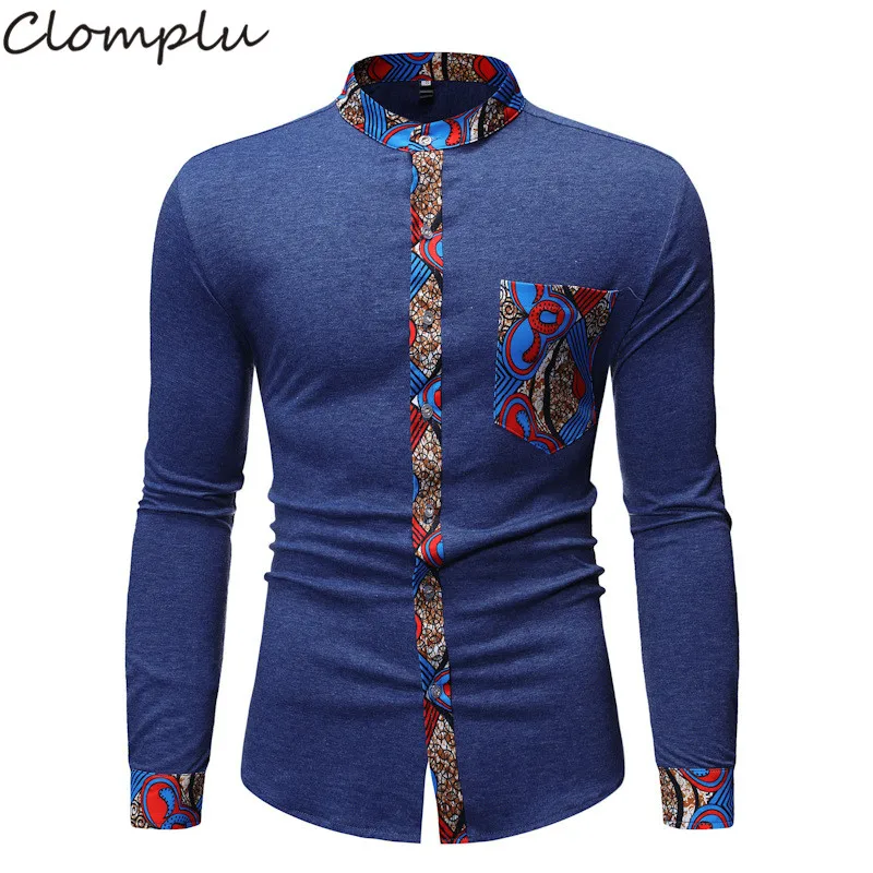 Clomplu африканская одежда Дашики Мужская модная стильная одежда с длинными рукавами печатная версия традиционные синие топы с карманом