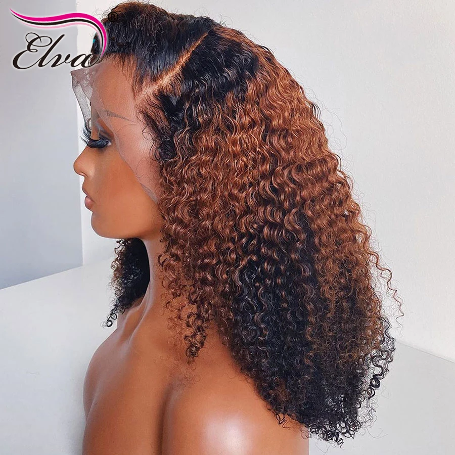 HOT SALES! Elva Hair 13x6 Curly Lace Front Human Hair Wigs Pre Plucked Ombre Lace Front Wigs Remy 360 Lace Frontal Wig Bleached Knots