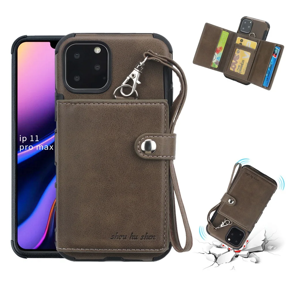 Brown Кошелек чехол для телефона с ремешком для iPhone 11 Pro max 7 8 X кредитный держатель для карт чехол на заднюю панель мобильного телефона - Цвет: Brown
