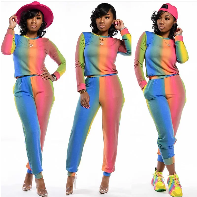 

2020 Autumn Women Casual Suit Hot Selling Rainbow Print European And American Fashion Two Piece Set