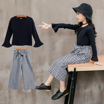 

2020 Kids Girls Clothes Sets Long Sleeve T-shirts + Plaid Wide Leg Pants Autumn Children's Clothing Teenage for 7 8 10 12 Years