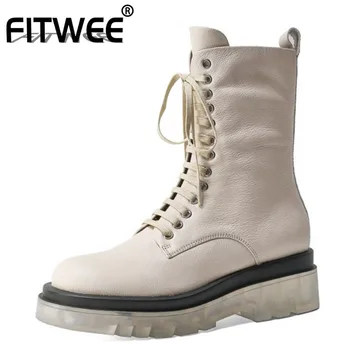 

FITWEE Women Half Short Boots Real Leather Lace Up Crystal Sole Women Autumn Winter Short Boots Ladies Footwear Size 34-40