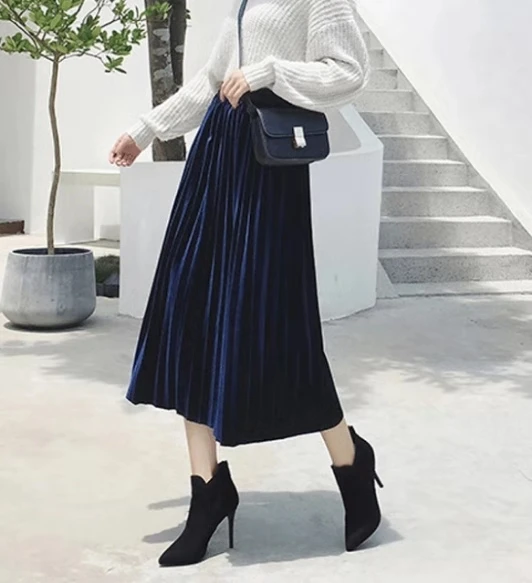 dark blue Женская длинная металлическая юбка до середины икры,, эластичная юбка с высокой талией, Повседневные Вечерние юбки - Цвет: dark blue