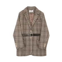 New retro Plaid single-row buckle-and-tie mini-suit jacket for autumn wear in