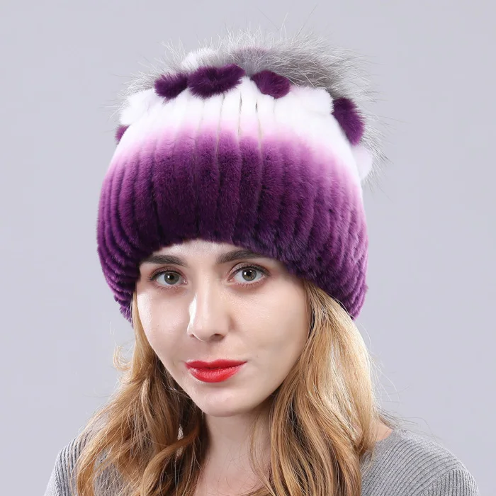 Women Real Rex Rabbit Fur Hats Lady Handmade Knitted Striped Genuine Rex Rabbit Fur Cap Winter Warm Fashion Fur Beanies - Цвет: Color 17
