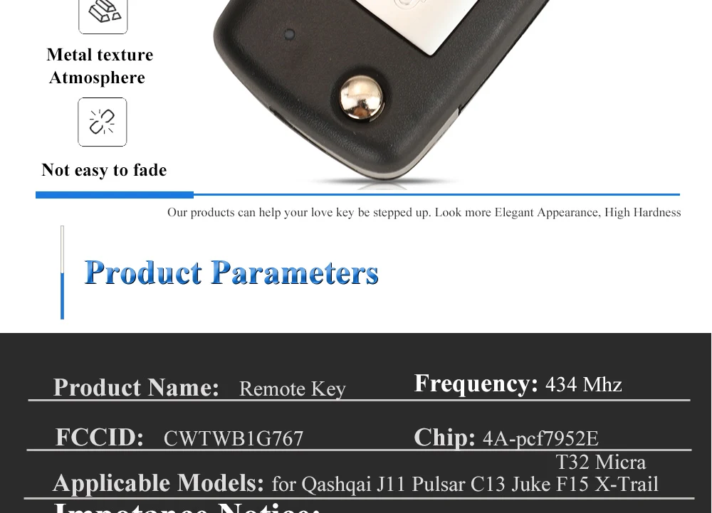 Jingyuqin 2/3 Tasten 433MHz 4A PCF7952E Flip Remote Key Für Nissan Qashqai J11 Pulsar C13 Juke F15 X-trail T32 Micra CWTWB1G767 – Detail 3