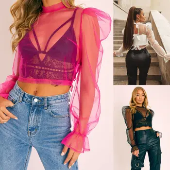 

Women See Through Tops Mesh Long Sleeve Blouse Ladies Transparent Tops Women's shirt Tops Clubwear Sexy Summer Women Lace tops
