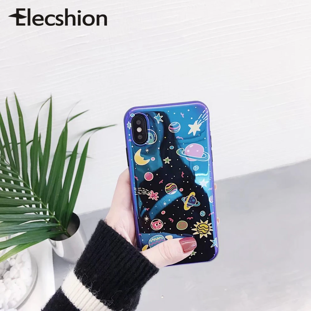 

Blue Universe Planet Phone Case For iphone X XR XS Max Mirror TPU soft Cover for iphone 6s 7 8 Plus cartoon Pattern Phone Cover