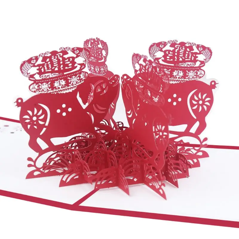  3D Pop Up Handmade Creative Pig Greeting Cards Postcards Invitation Laser Cut Happy New Year Party  - 4.00036E+12