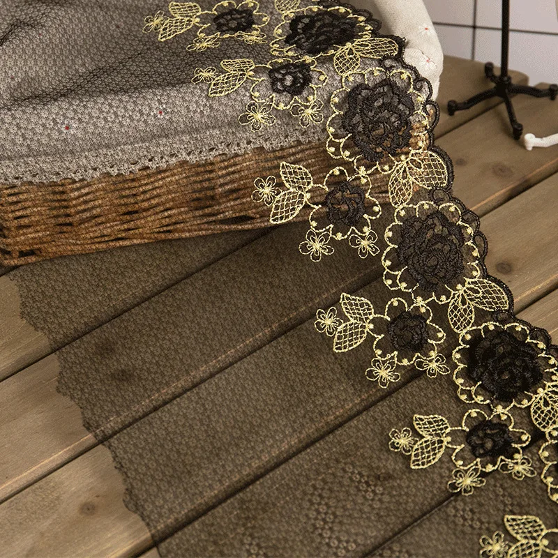 Pastoral Style Gold Thread Embroidery Black Lace Fabric DIY Dress Cheongsam Skirt Character Pajamas Underwear Sewing Decoration lace fabric lace sewing accessories lace sewing supplies lace accessories lace decoration clothing craft accessories