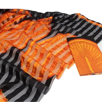 

African fabric organza ribbon silk wax print fabric black and orange organza silk material for women dress 4+2yards