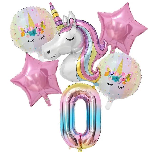 1Set Rainbow Unicorn Balloon 32 inch Number Foil Balloons 1st Kids Unicorn Theme Birthday Party Decorations Baby Shower Globos 6pcs number0 set