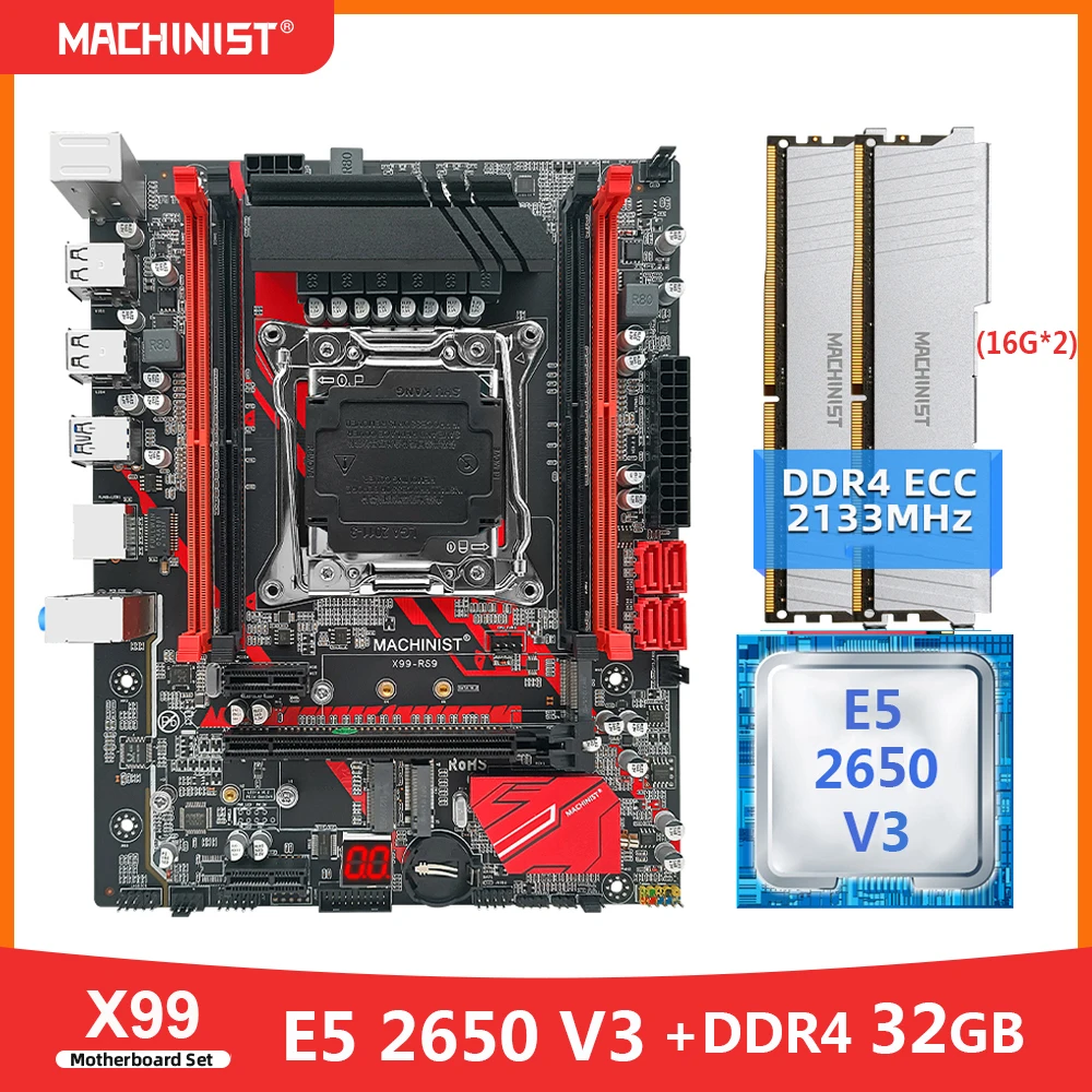 Machinista x99 conjunto kit placa mãe com xeon e5 2650 v3 processador cpu ddr4 32gb (2 * 16b) ecc memória ram lga 2011 3 nvme m.2 atx rs9