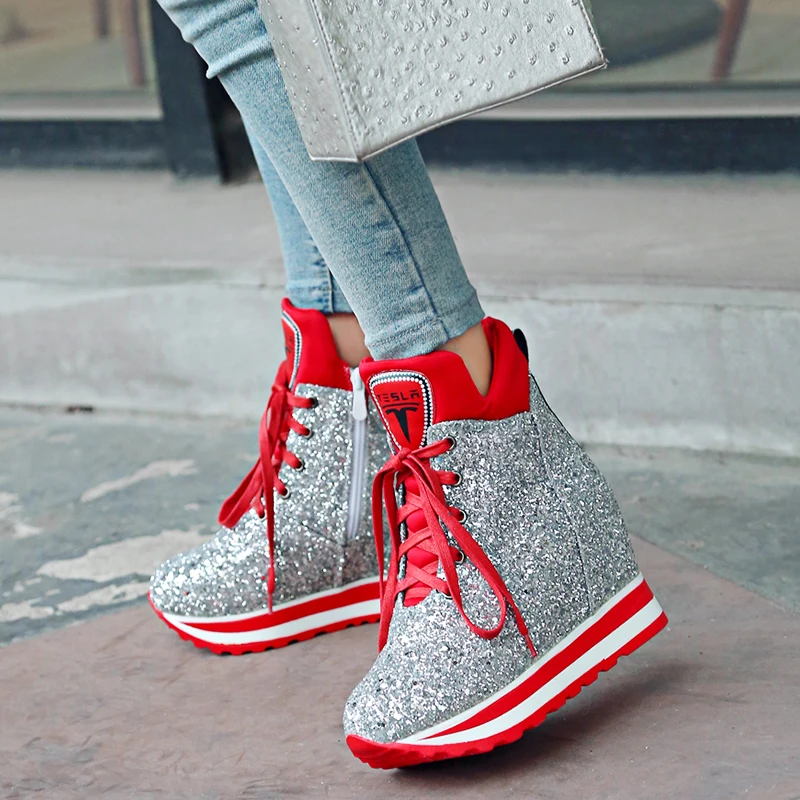 Rimocy Nouvelles Femmes Talons Cach s Plate Forme Baskets Argent 