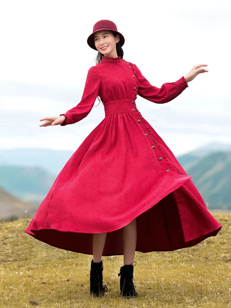 Free Shipping Boshow 2021 Fashion Women Long Maxi Lantern Sleeve Spring And Autumn Dress S-L Side Single Breasted Red Big Hem