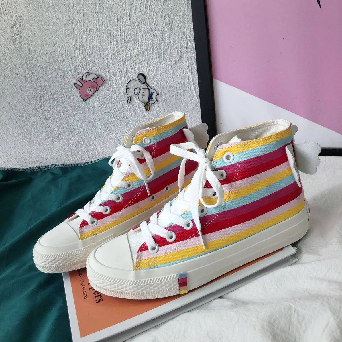 

women canvas shoes hand printed rainbow fasion angel outdoor wings colorful high-top quality causal sneakers zapatillas mujer