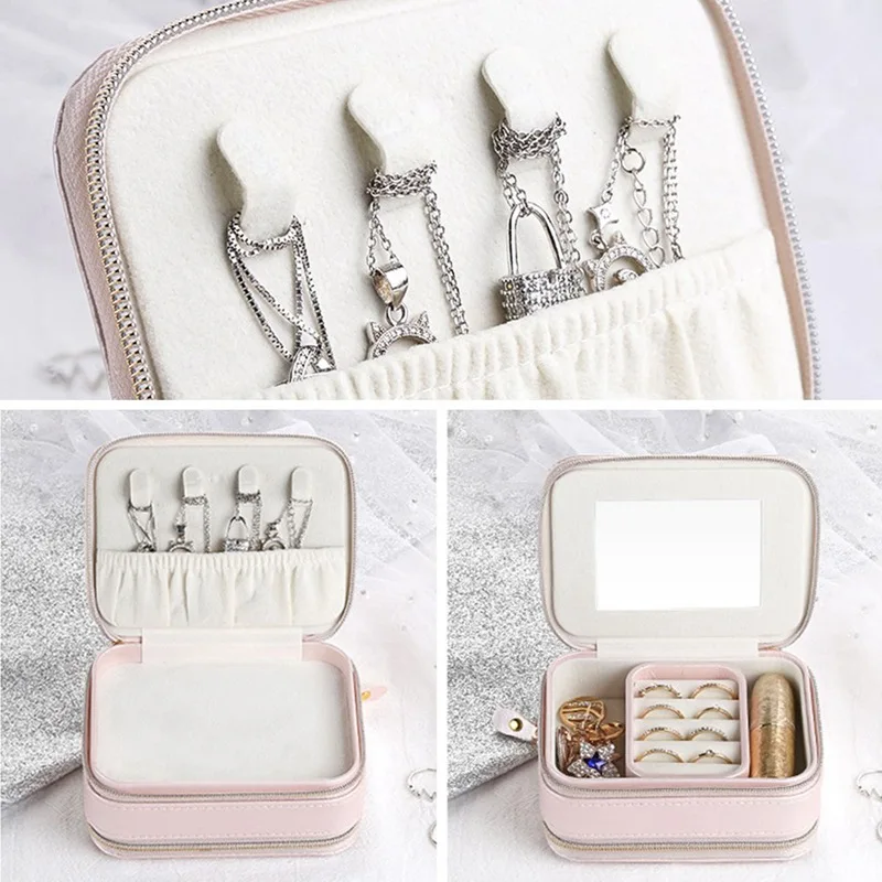 

Jewelry Case Cosmetic Storage Box Makeup Packing Organizer Multi-function Earrings Ring Container Case Portable Leather Travel