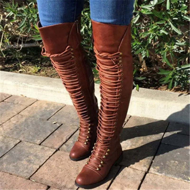 

Camel PU Cross Strap Block Heel Knee High Boots