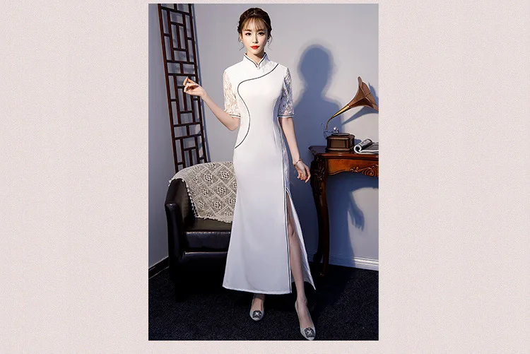 LZJN 2020 New Chinese Style Female Qipao Elegant Women Slim Long Cheongsam Red White Lace Mandarin Collar Party Dress Vestidos (9)