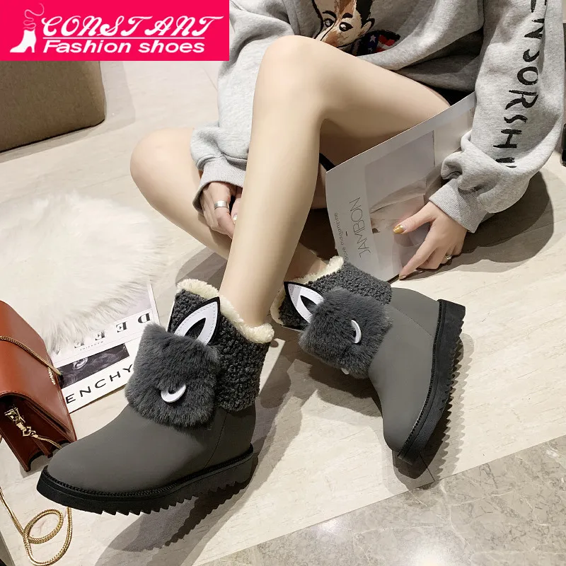 

Winter Women Ankle Boots Rabbit ears Snow Boots Slip on Round Toe Platform Shoes Flock Bow Tie Botines Black Botas Mujer
