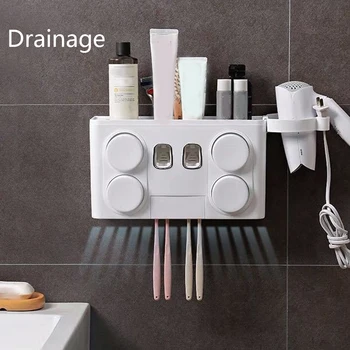 

Toothbrush Holder 4 Cups Plastic Toothpaste Dispenser Makeup Organizer Wall Mounted Shelf Hair Dryer Holder Bathroom Accessories