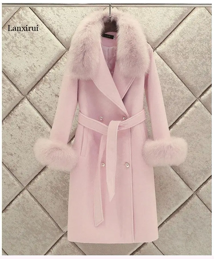 New Winter Women's Woolen Coat Removable large fur collar woolen coat